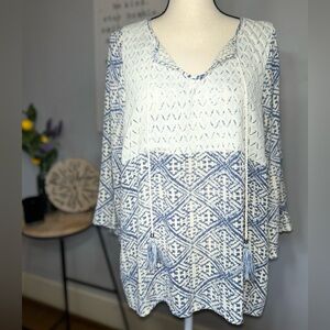C Blue White Geometric Tasseled V-Neck Tunic Blouse 3/4 Sleeve XL